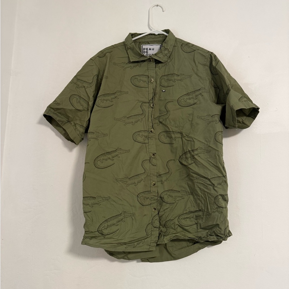 Peau De Loup Olive Croc-Print Short Sleeve Button-Up